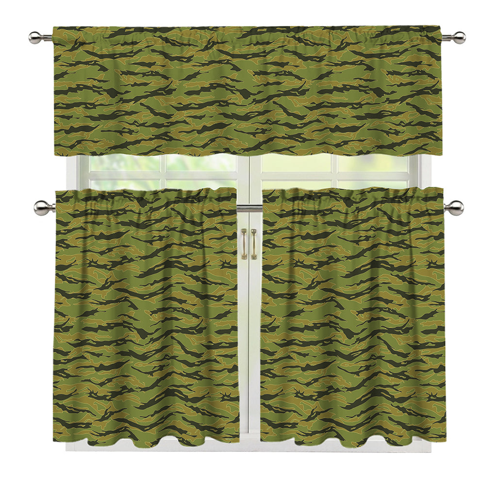 Green Tiger Stripe Camo Pattern Print 3 Piece Kitchen Curtains