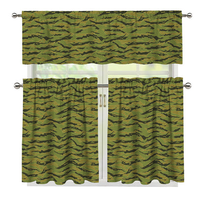Green Tiger Stripe Camo Pattern Print 3 Piece Kitchen Curtains