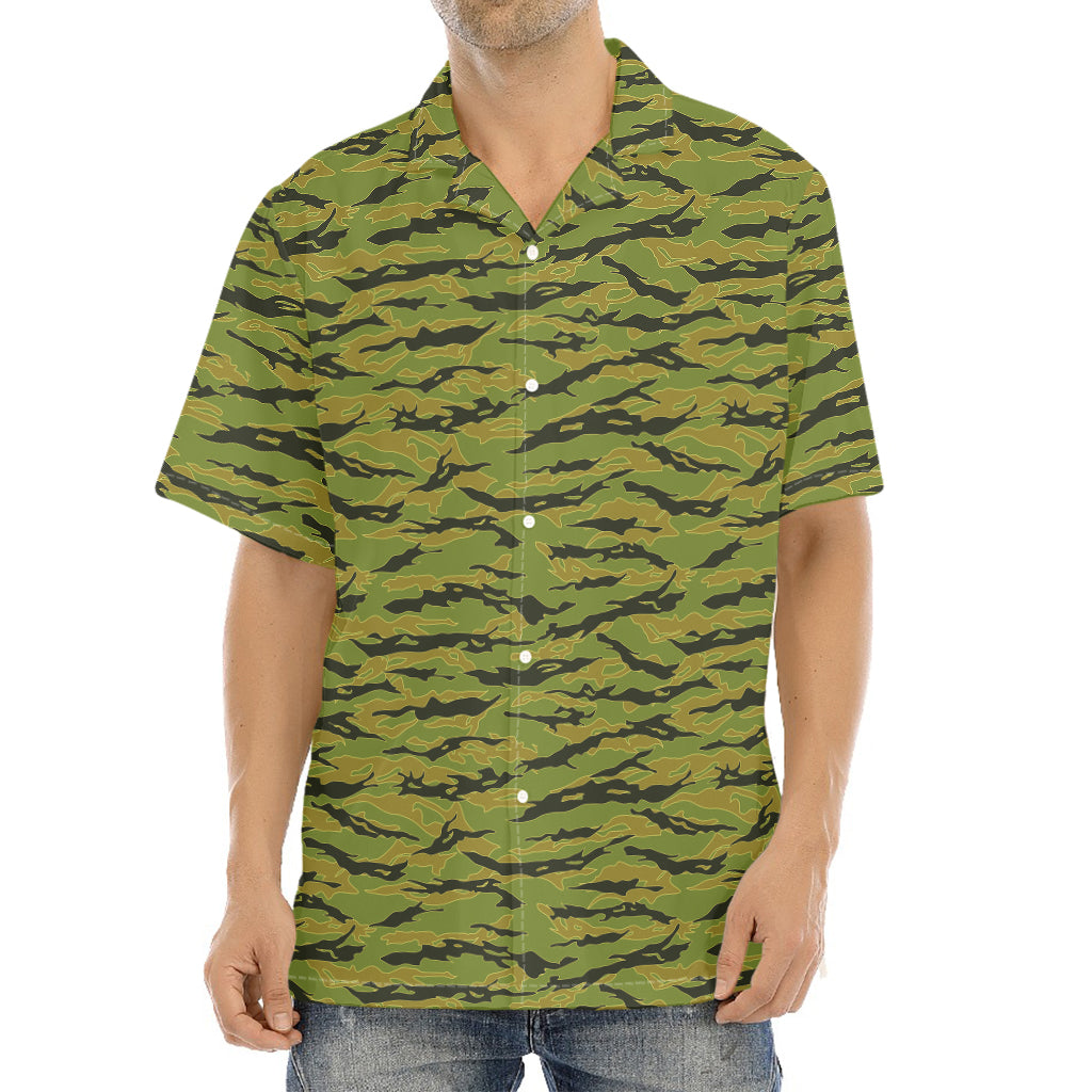 Green Tiger Stripe Camo Pattern Print Aloha Shirt