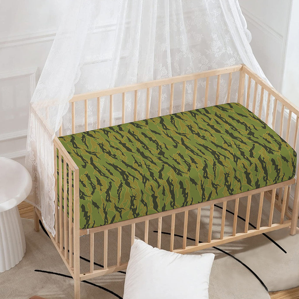 Green Tiger Stripe Camo Pattern Print Baby Crib Sheet