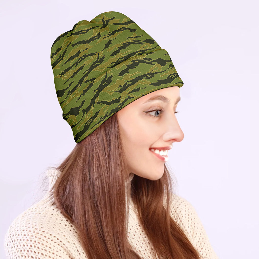Green Tiger Stripe Camo Pattern Print Beanie