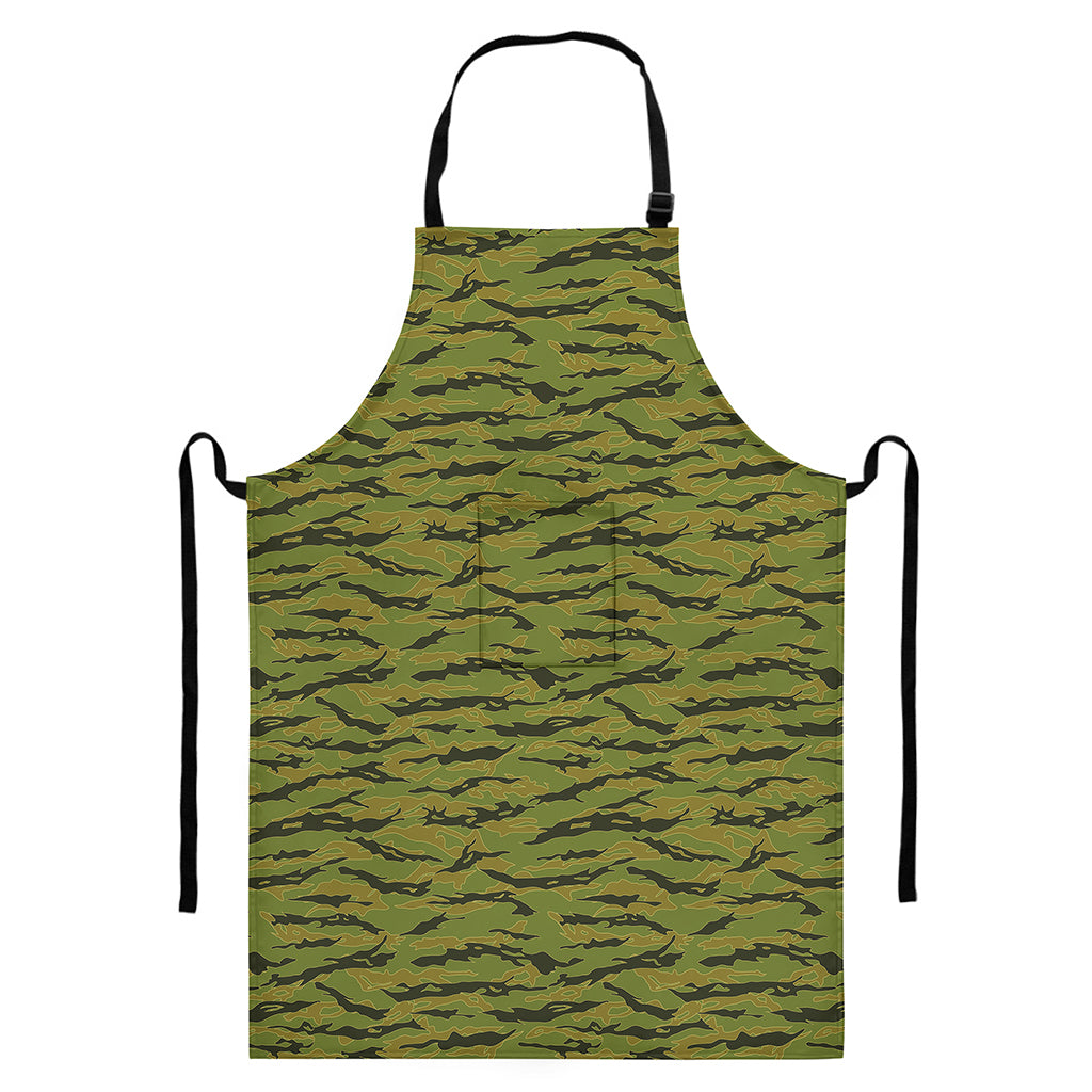Green Tiger Stripe Camo Pattern Print Bib Apron With Pocket