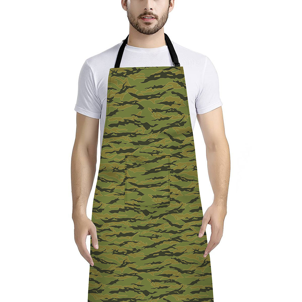 Green Tiger Stripe Camo Pattern Print Bib Apron With Pocket
