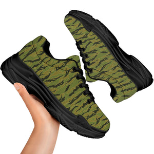 Green Tiger Stripe Camo Pattern Print Black Chunky Shoes