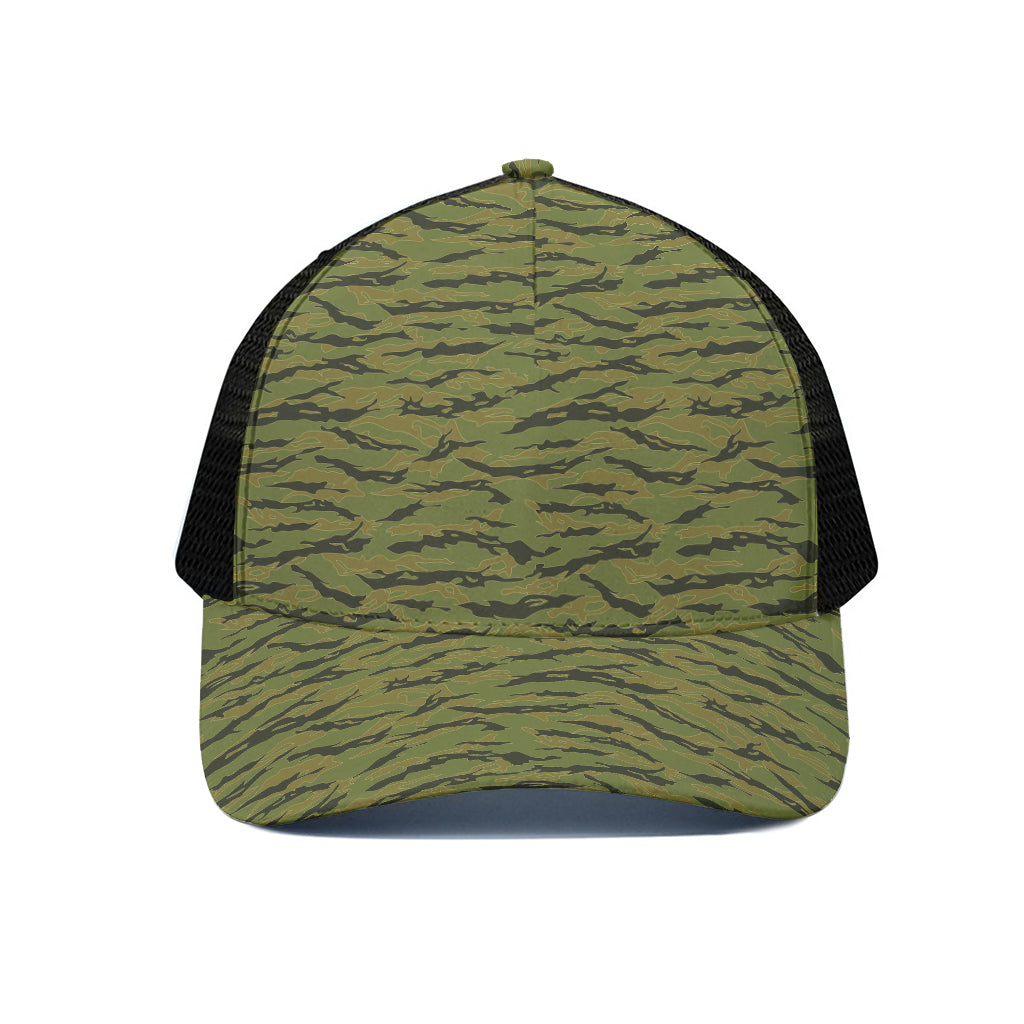 Green Tiger Stripe Camo Pattern Print Black Mesh Trucker Cap