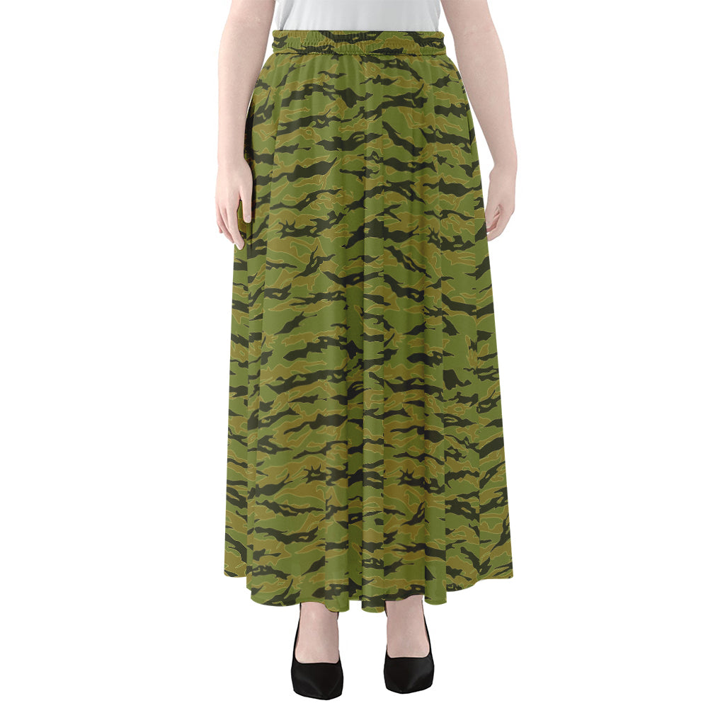 Green Tiger Stripe Camo Pattern Print Chiffon Maxi Skirt