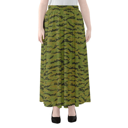 Green Tiger Stripe Camo Pattern Print Chiffon Maxi Skirt