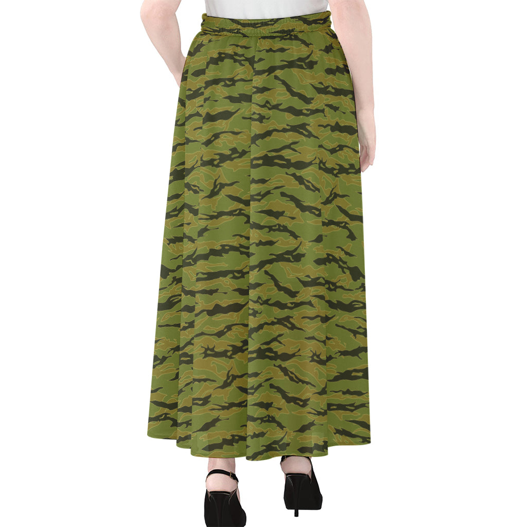 Green Tiger Stripe Camo Pattern Print Chiffon Maxi Skirt
