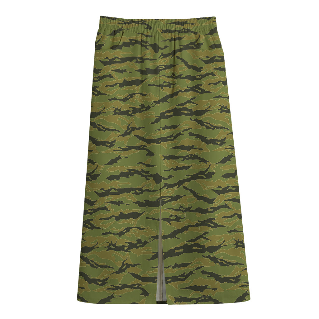 Green Tiger Stripe Camo Pattern Print Cotton Front Slit Maxi Skirt