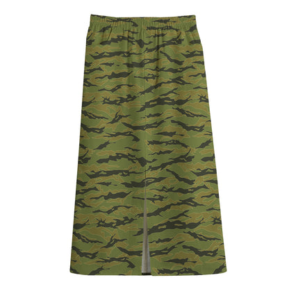 Green Tiger Stripe Camo Pattern Print Cotton Front Slit Maxi Skirt