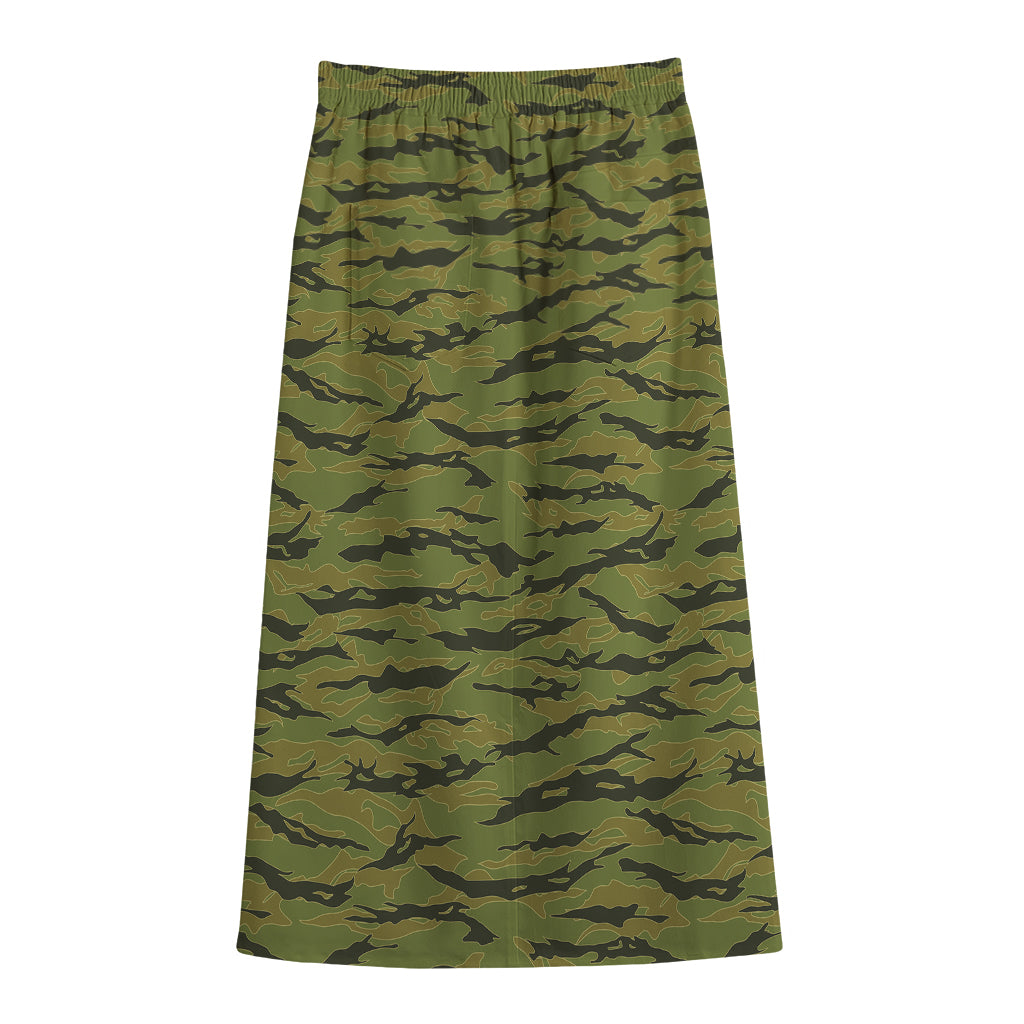 Green Tiger Stripe Camo Pattern Print Cotton Front Slit Maxi Skirt