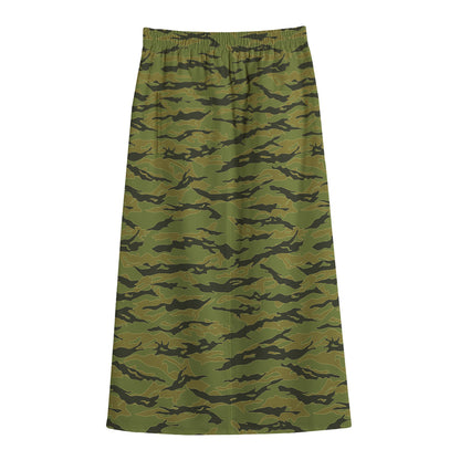 Green Tiger Stripe Camo Pattern Print Cotton Front Slit Maxi Skirt