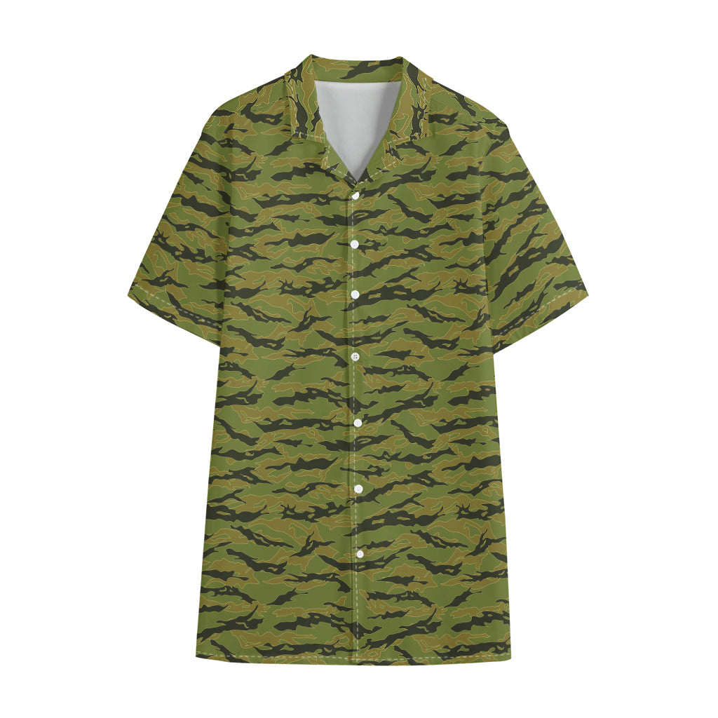 Green Tiger Stripe Camo Pattern Print Cotton Hawaiian Shirt