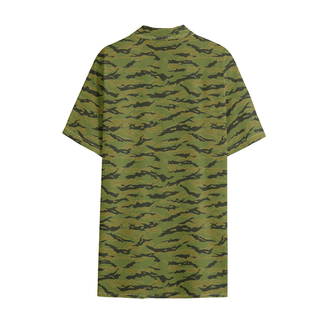 Green Tiger Stripe Camo Pattern Print Cotton Hawaiian Shirt