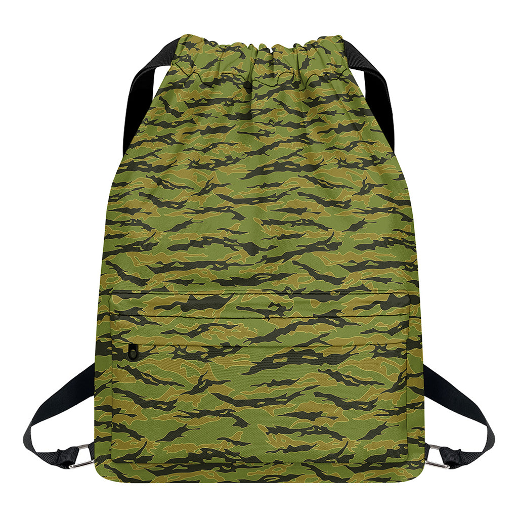 Green Tiger Stripe Camo Pattern Print Drawstring Backpack