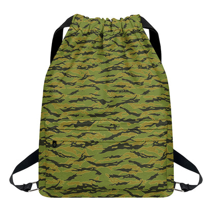 Green Tiger Stripe Camo Pattern Print Drawstring Backpack