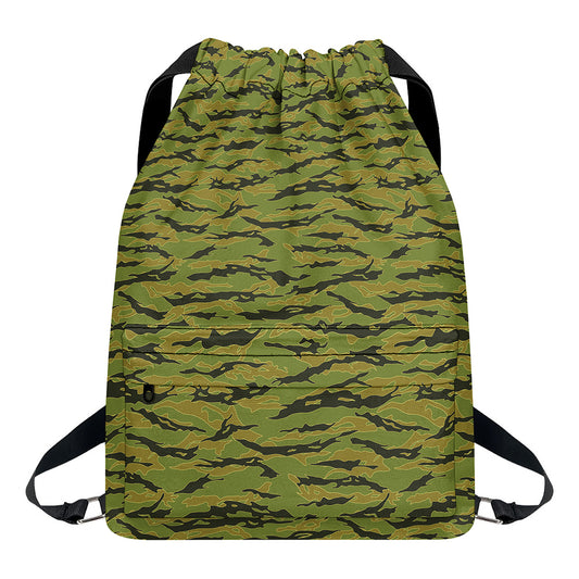 Green Tiger Stripe Camo Pattern Print Drawstring Backpack