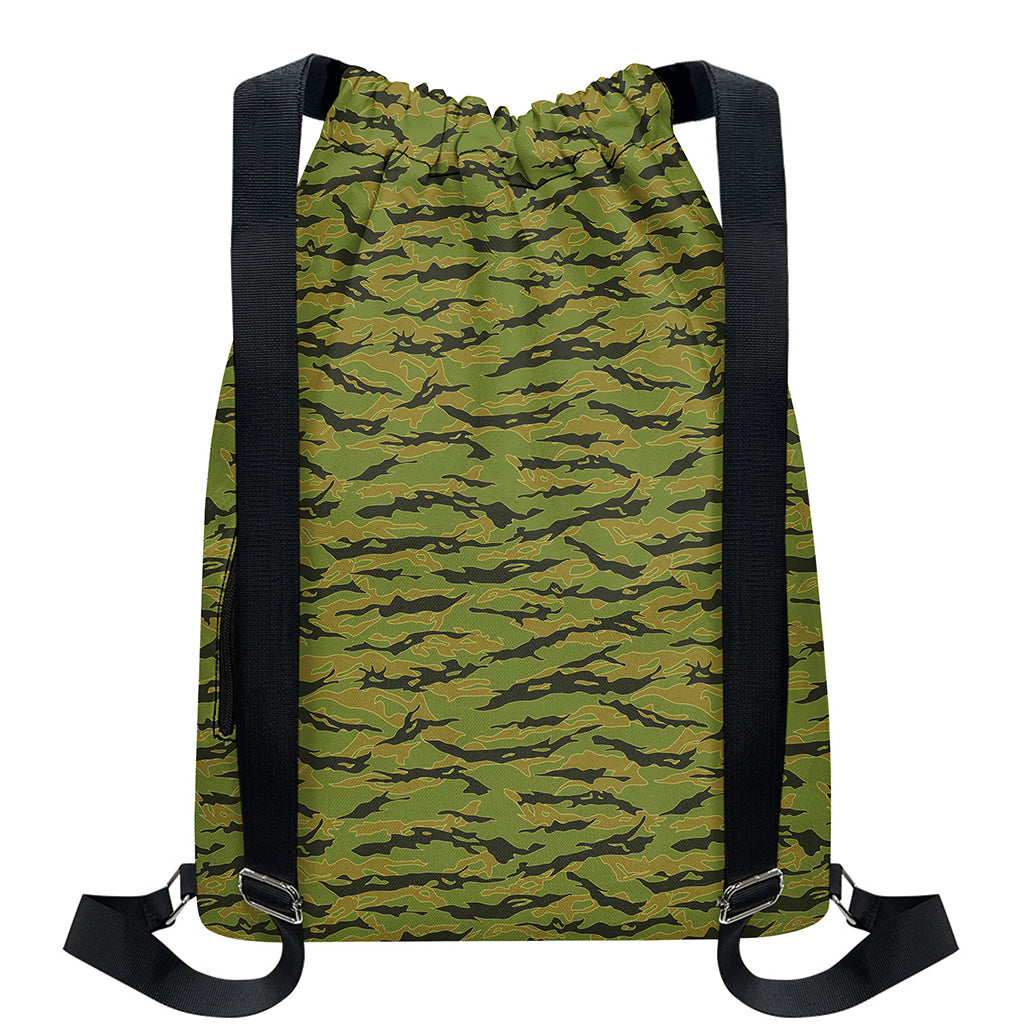 Green Tiger Stripe Camo Pattern Print Drawstring Backpack