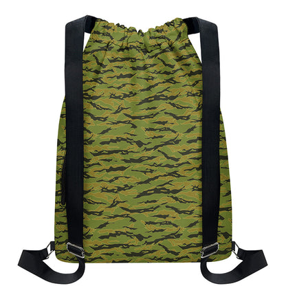 Green Tiger Stripe Camo Pattern Print Drawstring Backpack