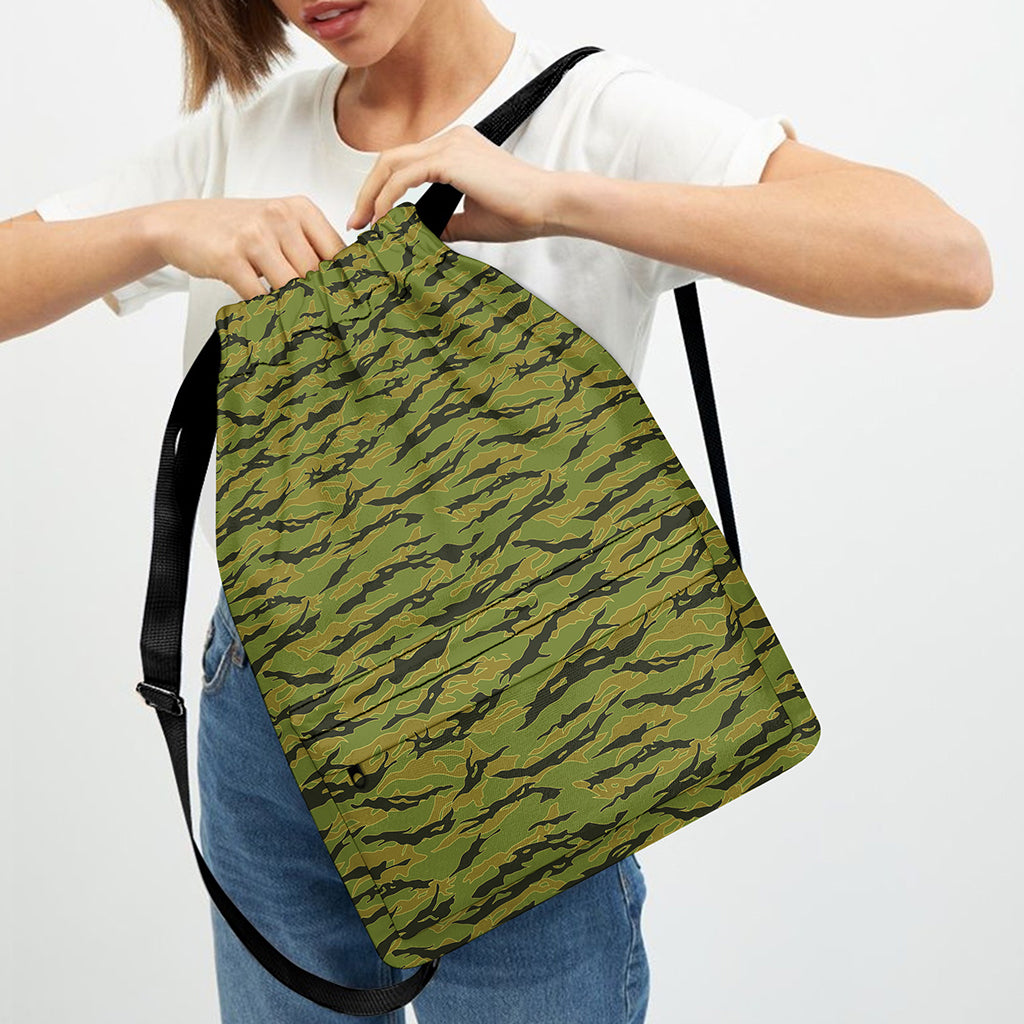 Green Tiger Stripe Camo Pattern Print Drawstring Backpack