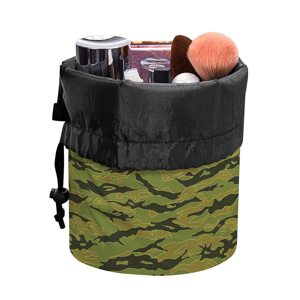 Green Tiger Stripe Camo Pattern Print Drawstring Makeup Bag