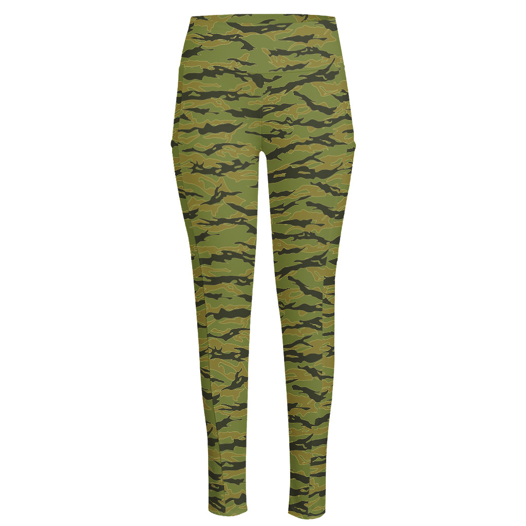 Green Tiger Stripe Camo Pattern Print High-Waisted Pocket Leggings
