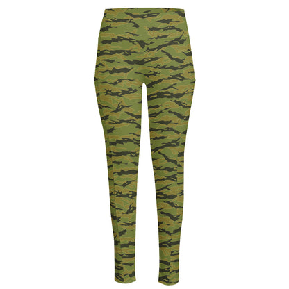 Green Tiger Stripe Camo Pattern Print High-Waisted Pocket Leggings