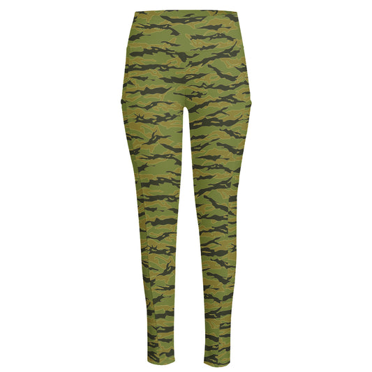 Green Tiger Stripe Camo Pattern Print High-Waisted Pocket Leggings