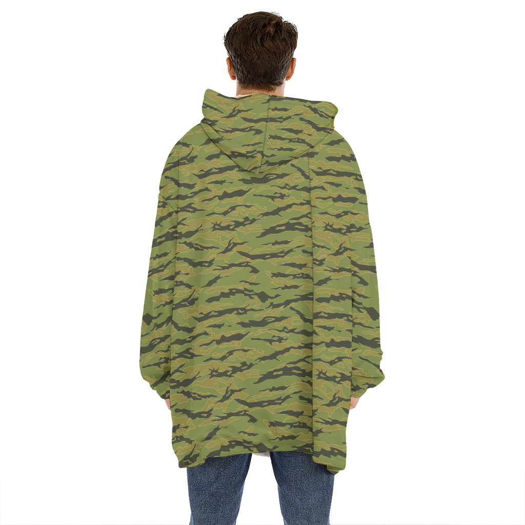 Green Tiger Stripe Camo Pattern Print Hoodie Blanket