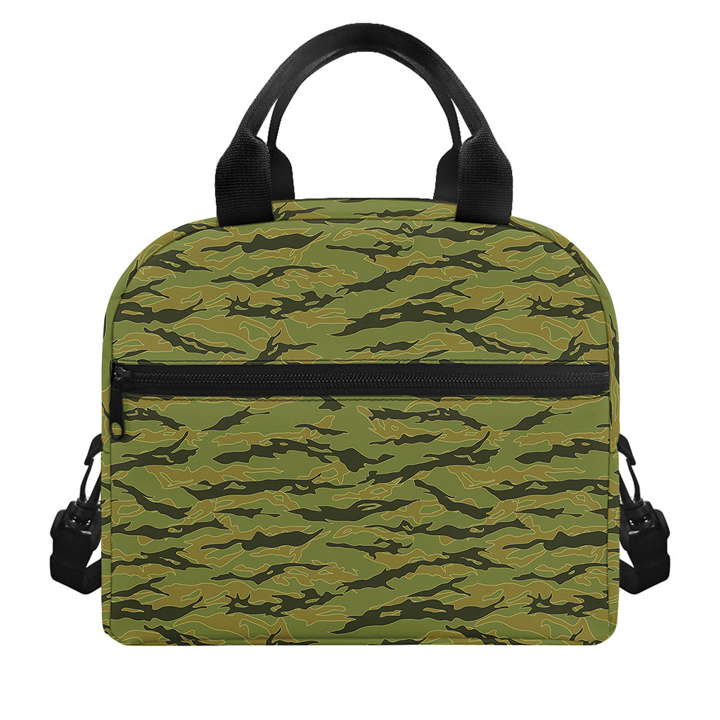 Green Tiger Stripe Camo Pattern Print Insulated Lunch Bag