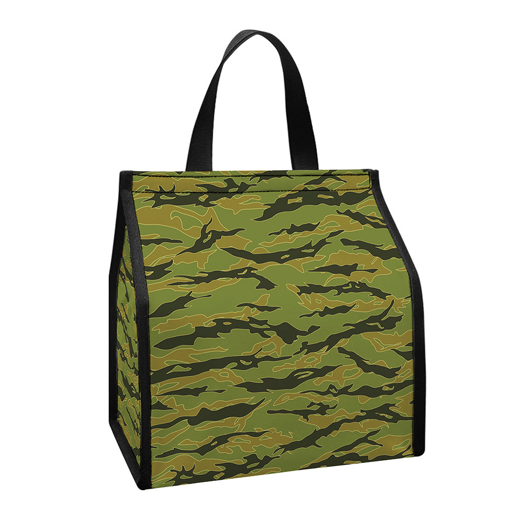 Green Tiger Stripe Camo Pattern Print Insulated Lunch Tote