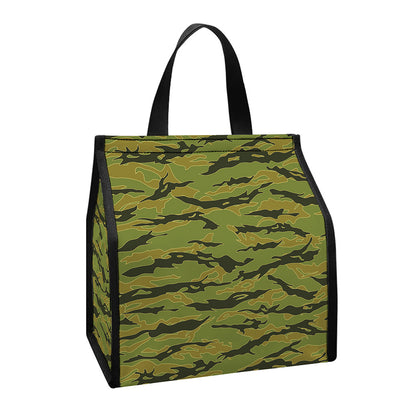 Green Tiger Stripe Camo Pattern Print Insulated Lunch Tote