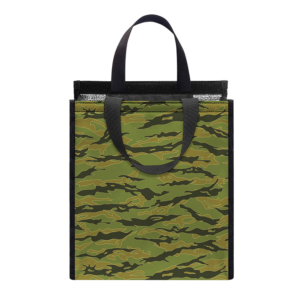 Green Tiger Stripe Camo Pattern Print Insulated Lunch Tote
