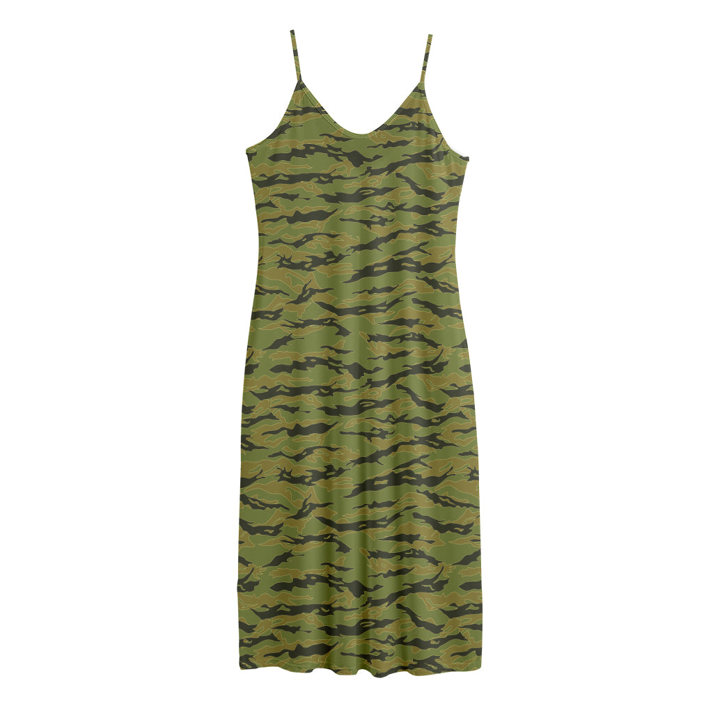 Green Tiger Stripe Camo Pattern Print Jersey Midi Cami Dress