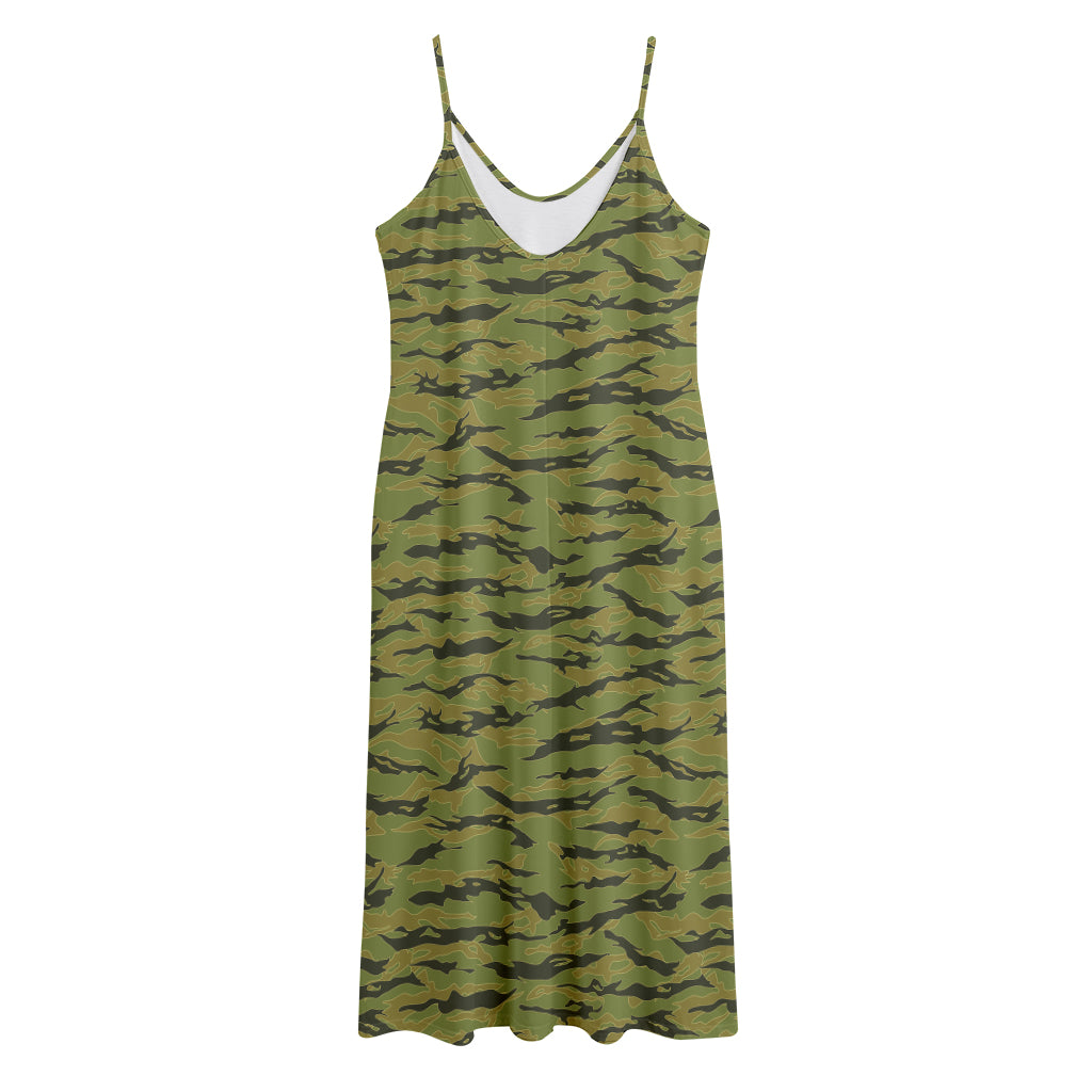 Green Tiger Stripe Camo Pattern Print Jersey Midi Cami Dress
