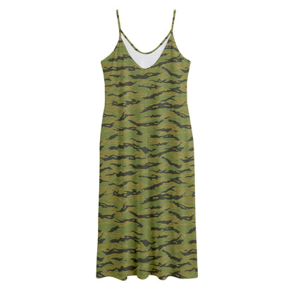 Green Tiger Stripe Camo Pattern Print Jersey Midi Cami Dress
