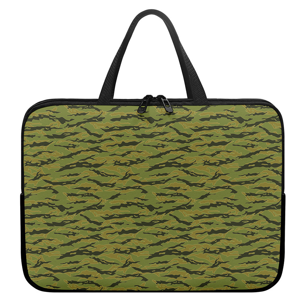 Green Tiger Stripe Camo Pattern Print Laptop Sleeve With Handle