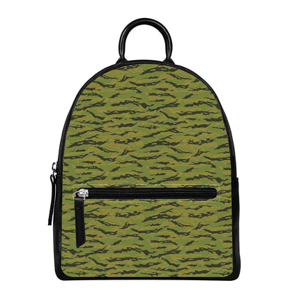 Green Tiger Stripe Camo Pattern Print Leather Backpack