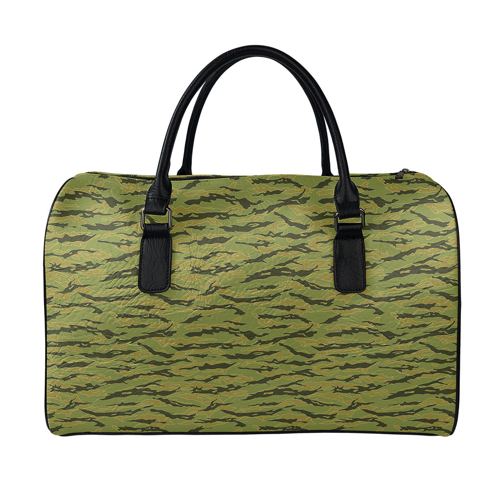 Green Tiger Stripe Camo Pattern Print Leather Duffle Bag