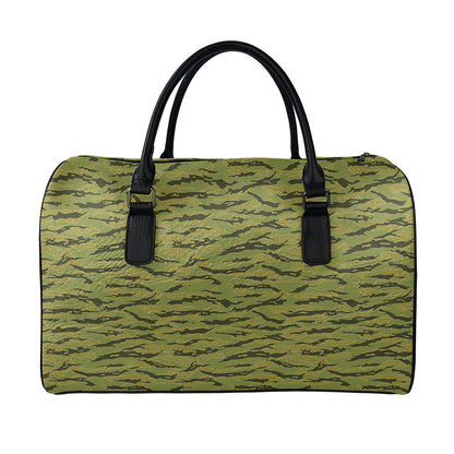 Green Tiger Stripe Camo Pattern Print Leather Duffle Bag
