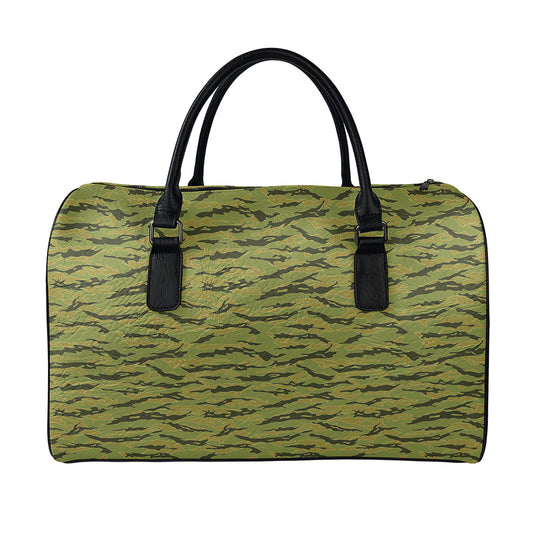 Green Tiger Stripe Camo Pattern Print Leather Duffle Bag