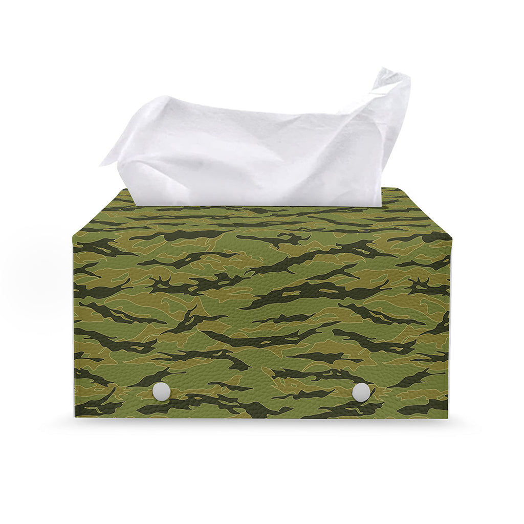 Green Tiger Stripe Camo Pattern Print Leather Tissue Box Cover