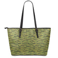 Green Tiger Stripe Camo Pattern Print Leather Tote Bag With Zipper