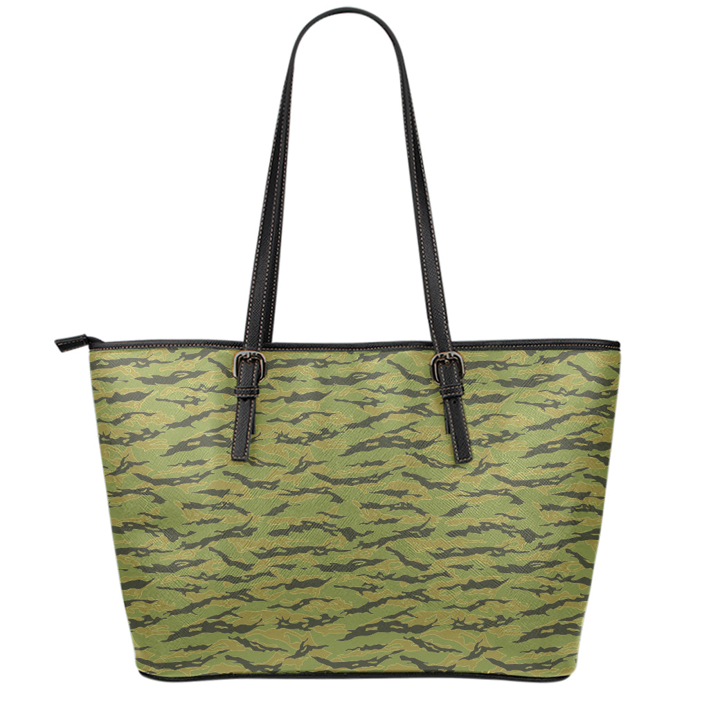Green Tiger Stripe Camo Pattern Print Leather Tote Bag
