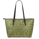 Green Tiger Stripe Camo Pattern Print Leather Tote Bag