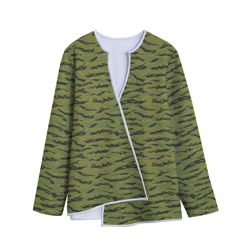 Green Tiger Stripe Camo Pattern Print Long Sleeve Short Coat