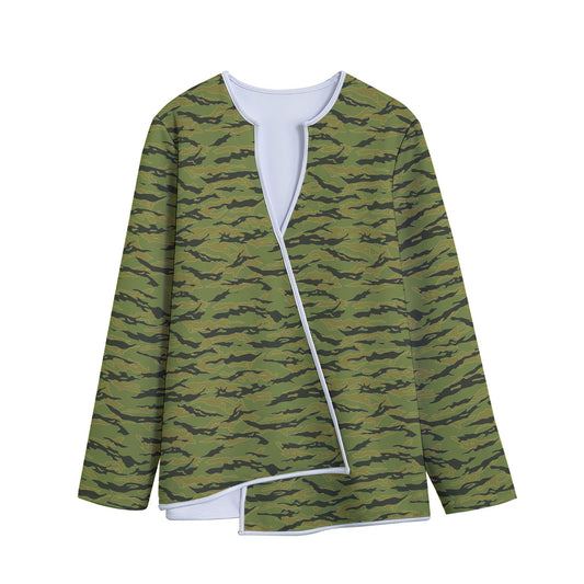 Green Tiger Stripe Camo Pattern Print Long Sleeve Short Coat