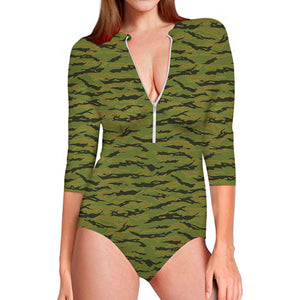 Green Tiger Stripe Camo Pattern Print Long Sleeve Swimsuit