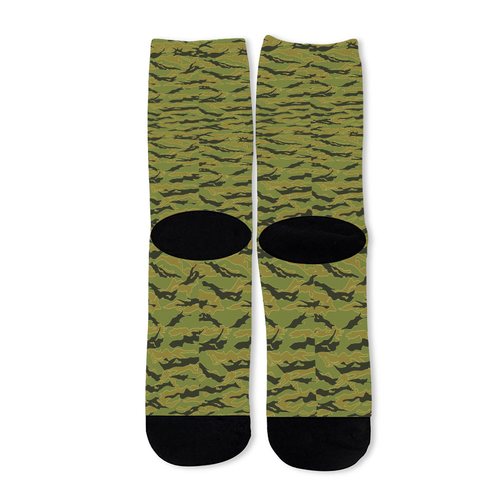 Green Tiger Stripe Camo Pattern Print Long Socks