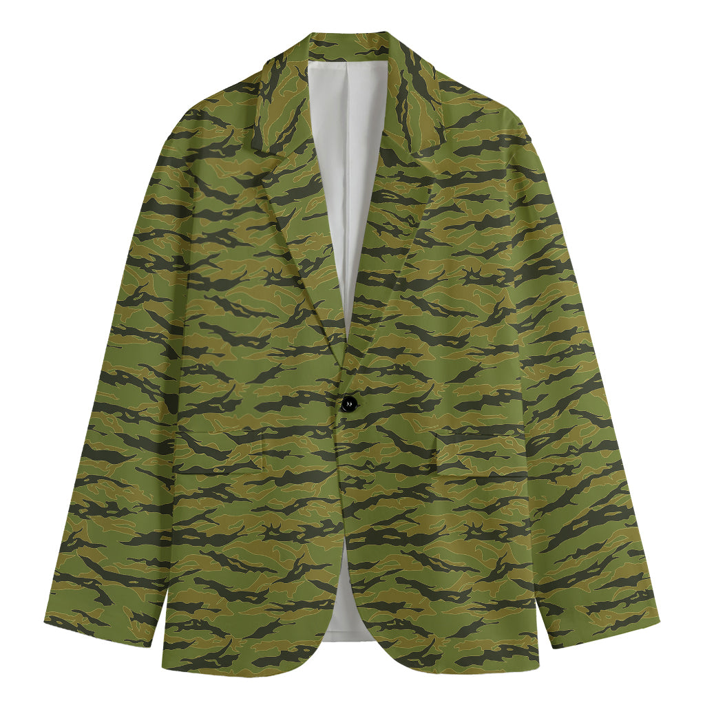 Green Tiger Stripe Camo Pattern Print Men's Blazer